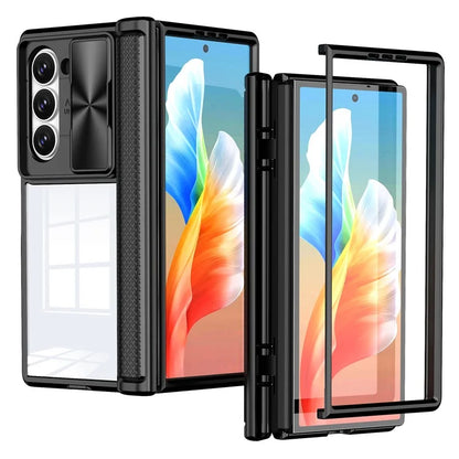 For Samsung Galaxy Z Fold6 5G Case PC Clear Phone Cover with CD-Veins Camera Lens Sliding Lid