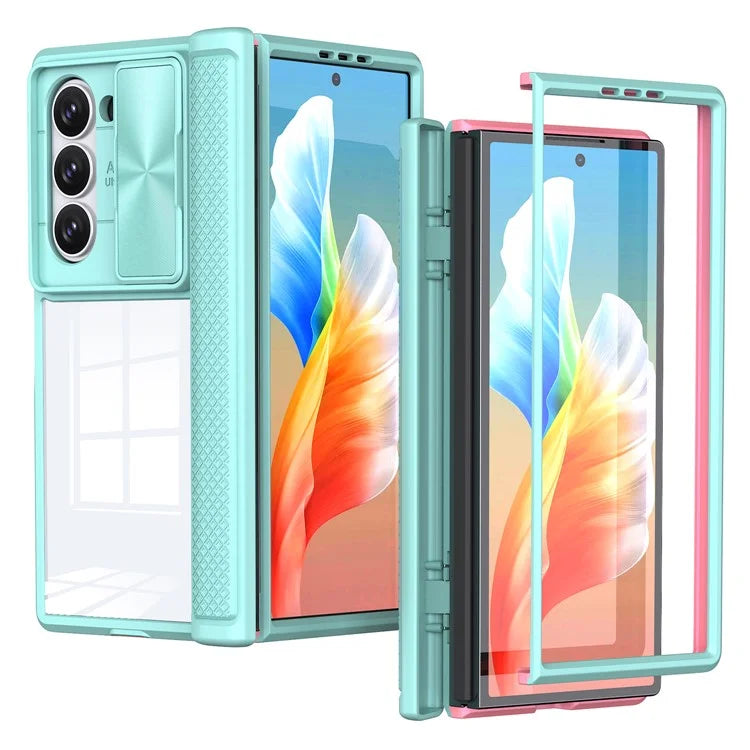 For Samsung Galaxy Z Fold6 5G Case PC Clear Phone Cover with CD-Veins Camera Lens Sliding Lid