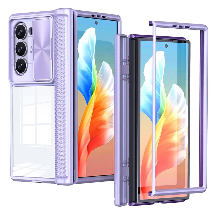 For Samsung Galaxy Z Fold6 5G Case PC Clear Phone Cover with CD-Veins Camera Lens Sliding Lid