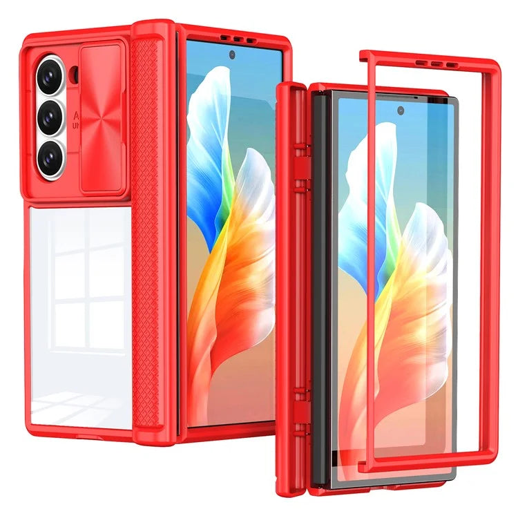 For Samsung Galaxy Z Fold6 5G Case PC Clear Phone Cover with CD-Veins Camera Lens Sliding Lid
