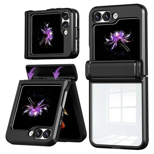 For Samsung Galaxy Z Flip6 5G Case PC Clear Phone Cover with CD-Veins Camera Lens Sliding Lid