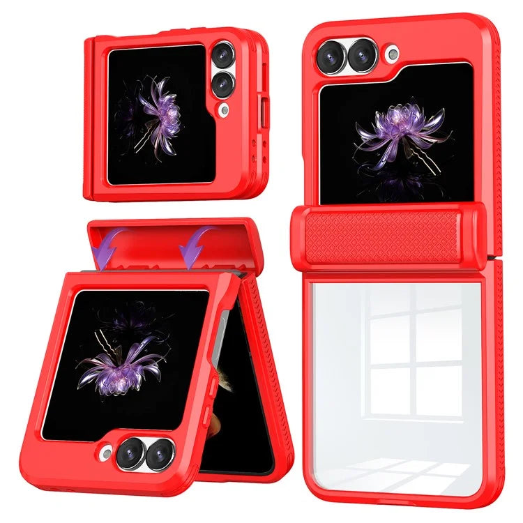 For Samsung Galaxy Z Flip6 5G Case PC Clear Phone Cover with CD-Veins Camera Lens Sliding Lid