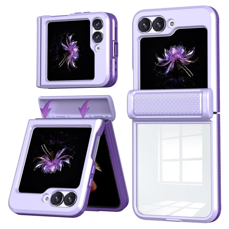 For Samsung Galaxy Z Flip6 5G Case PC Clear Phone Cover with CD-Veins Camera Lens Sliding Lid