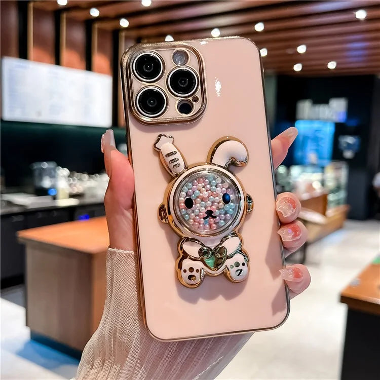 For iPhone 15 Pro Case Electroplating Rabbit Kickstand TPU Phone Cover