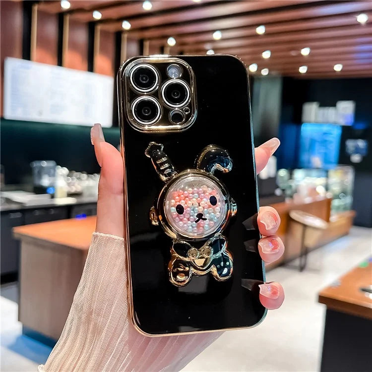 For iPhone 15 Pro Case Electroplating Rabbit Kickstand TPU Phone Cover