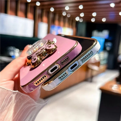 For iPhone 15 Pro Case Electroplating Rabbit Kickstand TPU Phone Cover