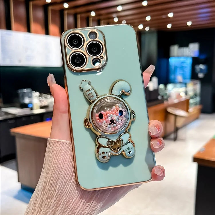For iPhone 15 Pro Max Case Electroplating Rabbit Kickstand TPU Phone Cover