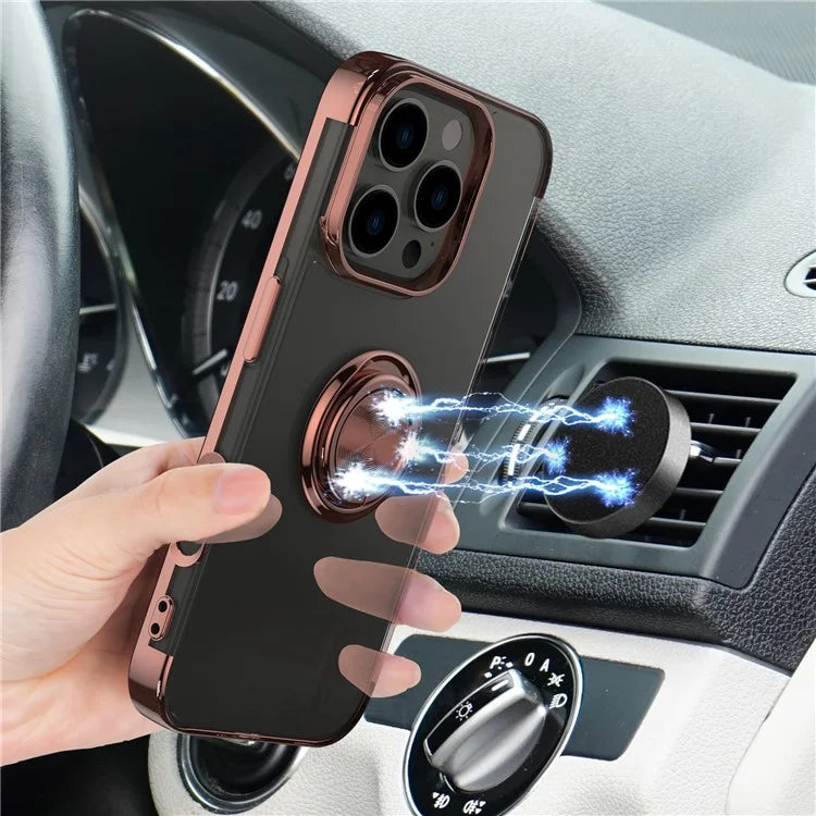 For iPhone 16 Pro Max Case Electroplating Kickstand TPU Phone Cover Magnetic Car Mount