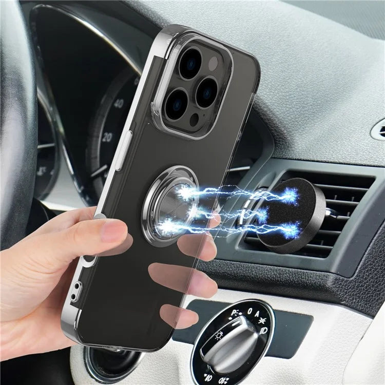 For iPhone 16 Pro Max Case Electroplating Kickstand TPU Phone Cover Magnetic Car Mount