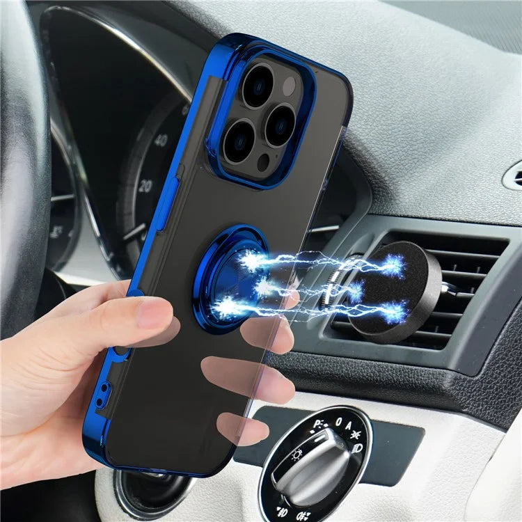 For iPhone 16 Pro Max Case Electroplating Kickstand TPU Phone Cover Magnetic Car Mount