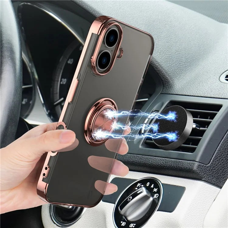 For iPhone 16 Plus Case Electroplating Kickstand TPU Phone Cover Magnetic Car Mount