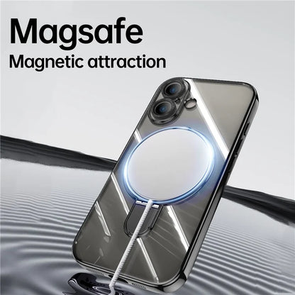 For iPhone 16 Plus Magnetic Case Electroplating Kickstand TPU Phone Cover
