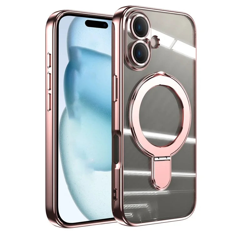 For iPhone 16 Plus Magnetic Case Electroplating Kickstand TPU Phone Cover