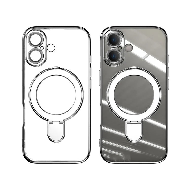 For iPhone 16 Plus Magnetic Case Electroplating Kickstand TPU Phone Cover
