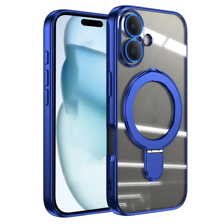 For iPhone 16 Plus Magnetic Case Electroplating Kickstand TPU Phone Cover