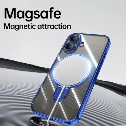 For iPhone 16 Plus Magnetic Case Electroplating Kickstand TPU Phone Cover