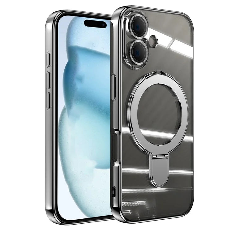 For iPhone 16 Plus Magnetic Case Electroplating Kickstand TPU Phone Cover