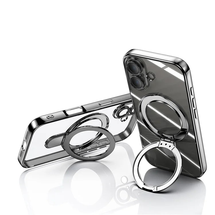 For iPhone 16 Plus Magnetic Case Electroplating Kickstand TPU Phone Cover