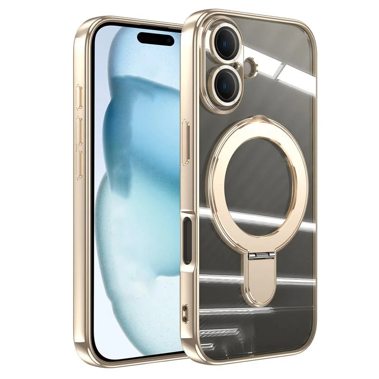 For iPhone 16 Plus Magnetic Case Electroplating Kickstand TPU Phone Cover