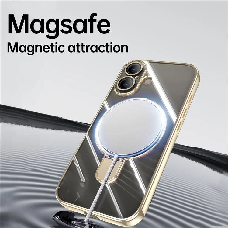 For iPhone 16 Plus Magnetic Case Electroplating Kickstand TPU Phone Cover