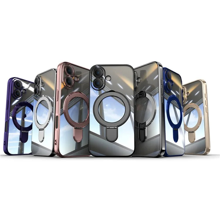 For iPhone 16 Plus Magnetic Case Electroplating Kickstand TPU Phone Cover