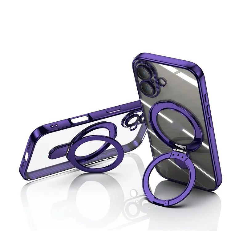 For iPhone 16 Plus Magnetic Case Electroplating Kickstand TPU Phone Cover
