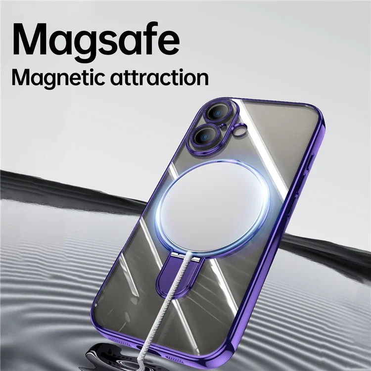 For iPhone 16 Plus Magnetic Case Electroplating Kickstand TPU Phone Cover