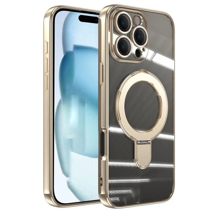 For iPhone 16 Pro Magnetic Case Electroplating Kickstand TPU Phone Cover