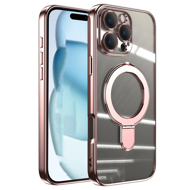 For iPhone 16 Pro Magnetic Case Electroplating Kickstand TPU Phone Cover