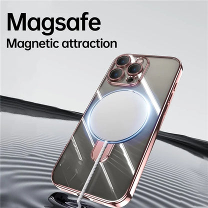 For iPhone 16 Pro Magnetic Case Electroplating Kickstand TPU Phone Cover