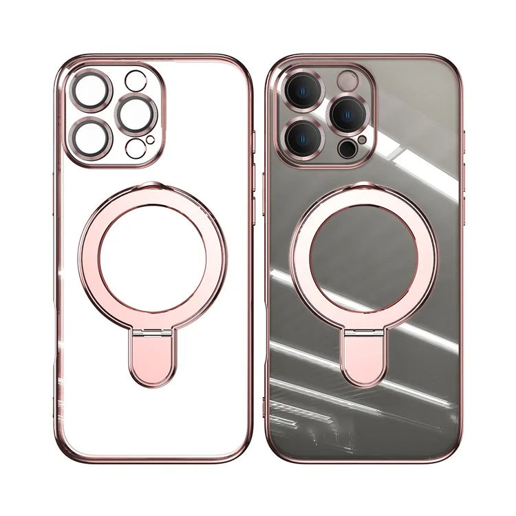 For iPhone 16 Pro Magnetic Case Electroplating Kickstand TPU Phone Cover