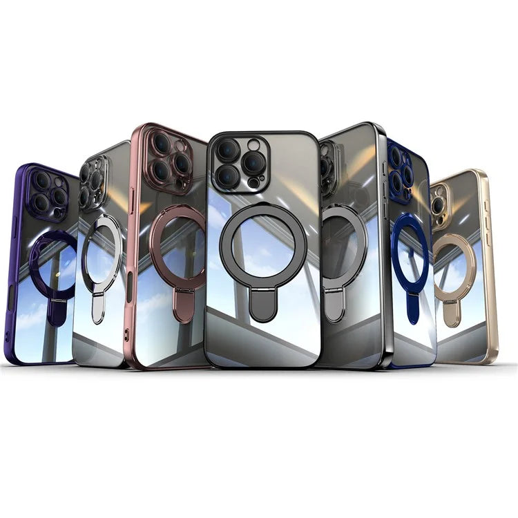 For iPhone 16 Pro Magnetic Case Electroplating Kickstand TPU Phone Cover