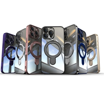 For iPhone 16 Pro Magnetic Case Electroplating Kickstand TPU Phone Cover
