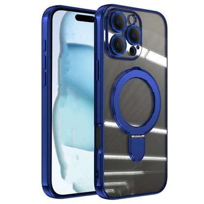For iPhone 16 Pro Magnetic Case Electroplating Kickstand TPU Phone Cover