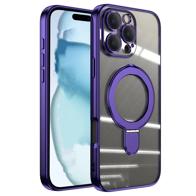 For iPhone 16 Pro Magnetic Case Electroplating Kickstand TPU Phone Cover