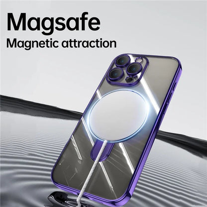 For iPhone 16 Pro Magnetic Case Electroplating Kickstand TPU Phone Cover