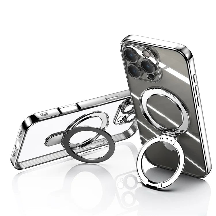 For iPhone 16 Pro Magnetic Case Electroplating Kickstand TPU Phone Cover