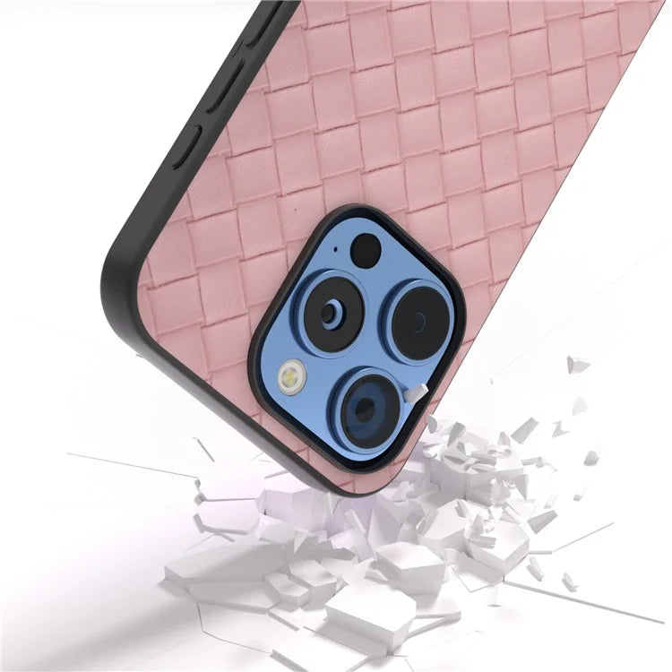 For iPhone 16 Pro Max Case Woven Texture PU Leather Coated PC+TPU Mobile Phone Cover