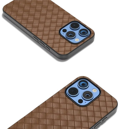 For iPhone 16 Pro Max Case Woven Texture PU Leather Coated PC+TPU Mobile Phone Cover
