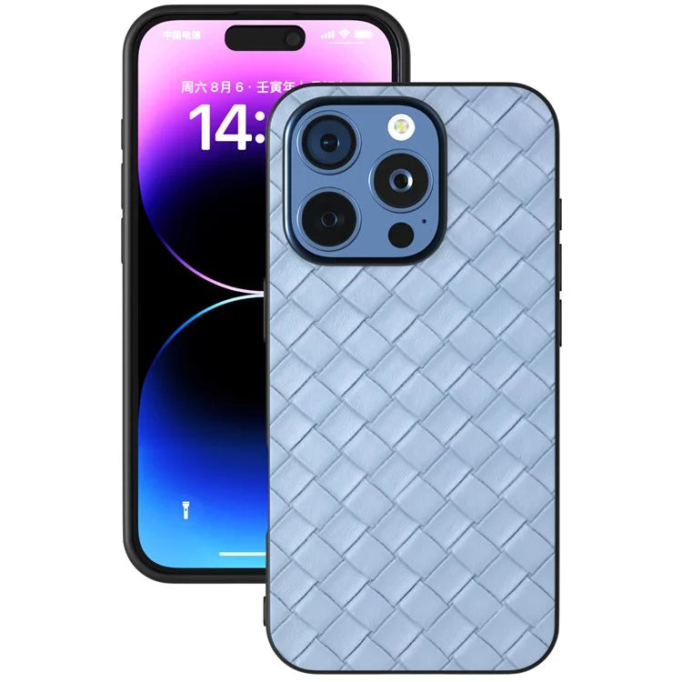 For iPhone 16 Pro Max Case Woven Texture PU Leather Coated PC+TPU Mobile Phone Cover