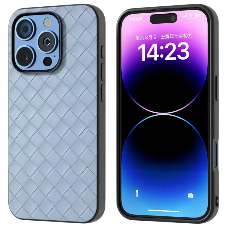 For iPhone 16 Pro Max Case Woven Texture PU Leather Coated PC+TPU Mobile Phone Cover