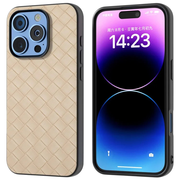 For iPhone 16 Pro Max Case Woven Texture PU Leather Coated PC+TPU Mobile Phone Cover