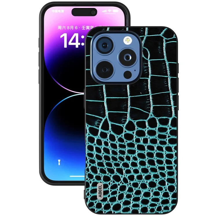 ABEEL For iPhone 16 Pro Case Genuine Cow Leather Back Phone Cover Crocodile Texture