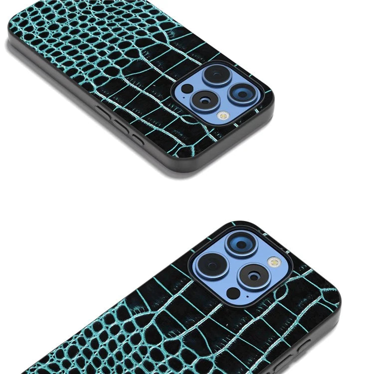 ABEEL For iPhone 16 Pro Case Genuine Cow Leather Back Phone Cover Crocodile Texture
