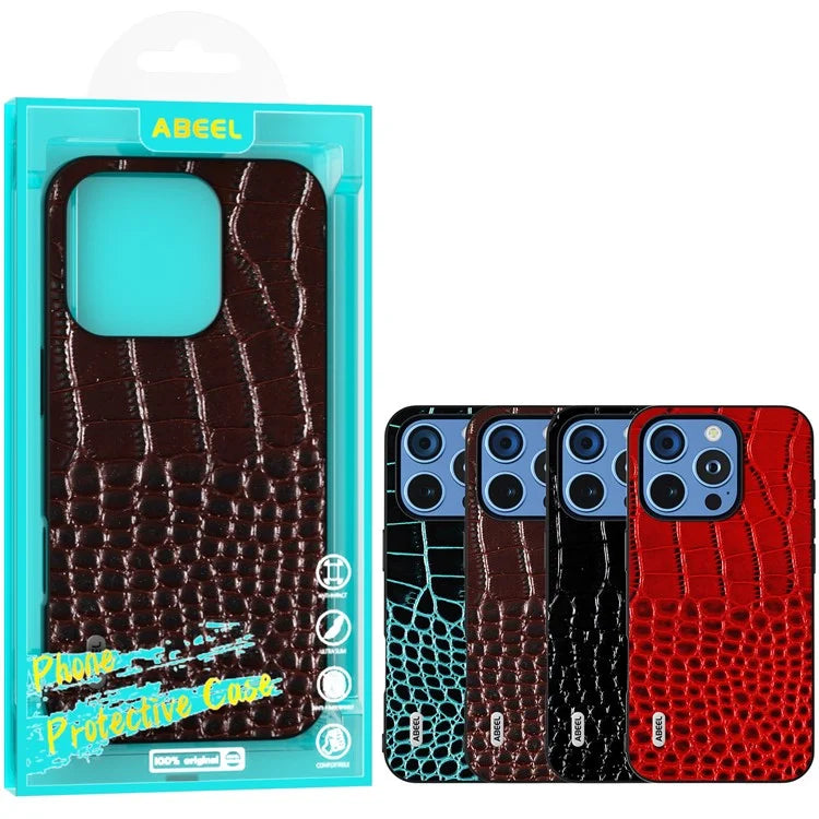 ABEEL For iPhone 16 Pro Case Genuine Cow Leather Back Phone Cover Crocodile Texture