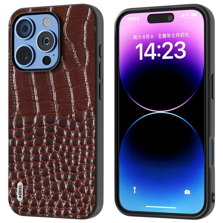 ABEEL For iPhone 16 Pro Case Genuine Cow Leather Back Phone Cover Crocodile Texture