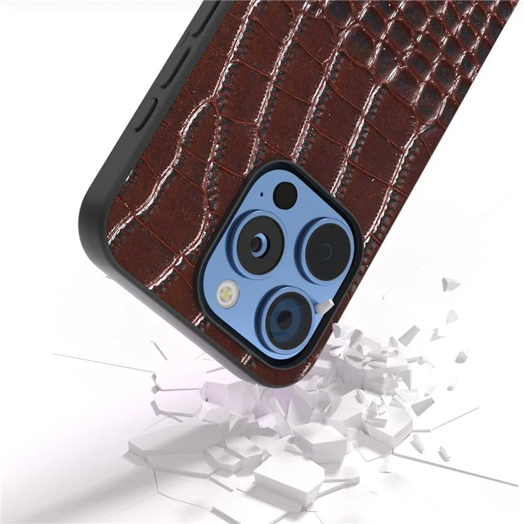 ABEEL For iPhone 16 Pro Case Genuine Cow Leather Back Phone Cover Crocodile Texture