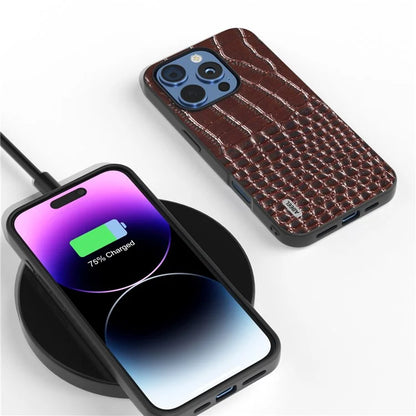 ABEEL For iPhone 16 Pro Case Genuine Cow Leather Back Phone Cover Crocodile Texture
