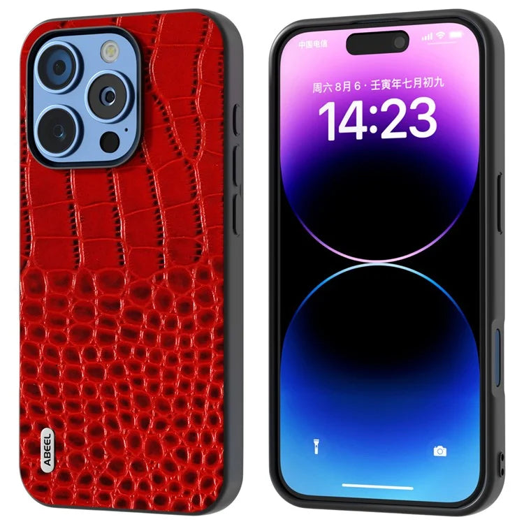 ABEEL For iPhone 16 Pro Case Genuine Cow Leather Back Phone Cover Crocodile Texture