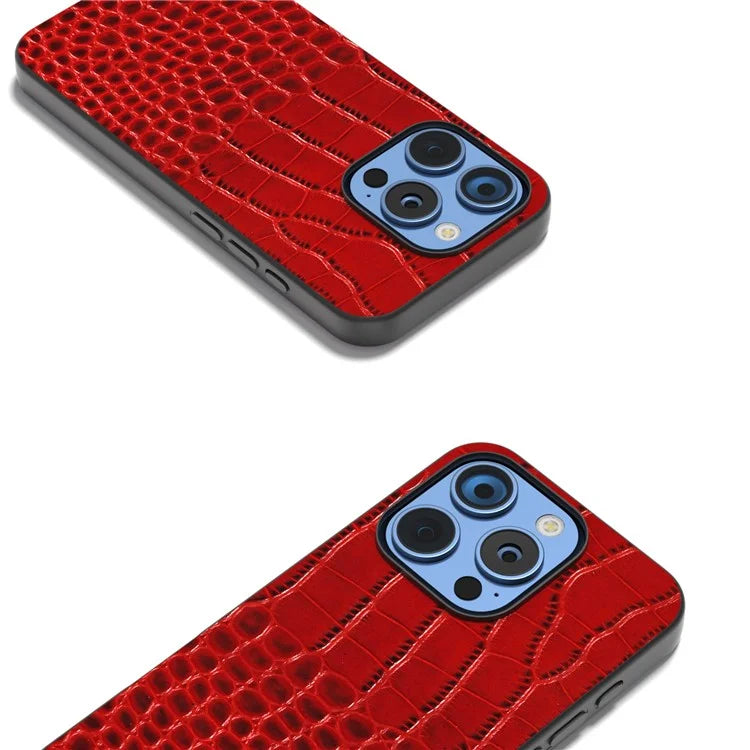ABEEL For iPhone 16 Pro Case Genuine Cow Leather Back Phone Cover Crocodile Texture